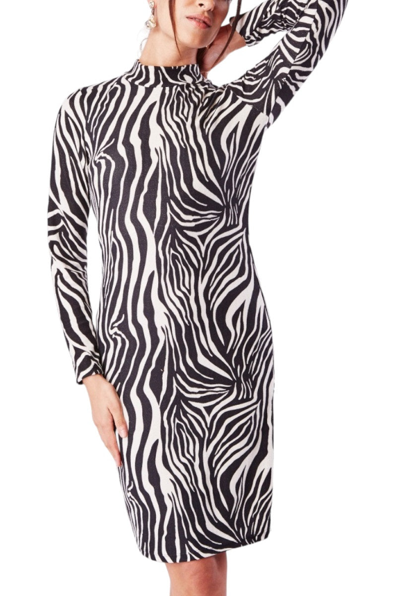 Ladies Black Cream Zebra Print High Neck Long Sleeve Dress