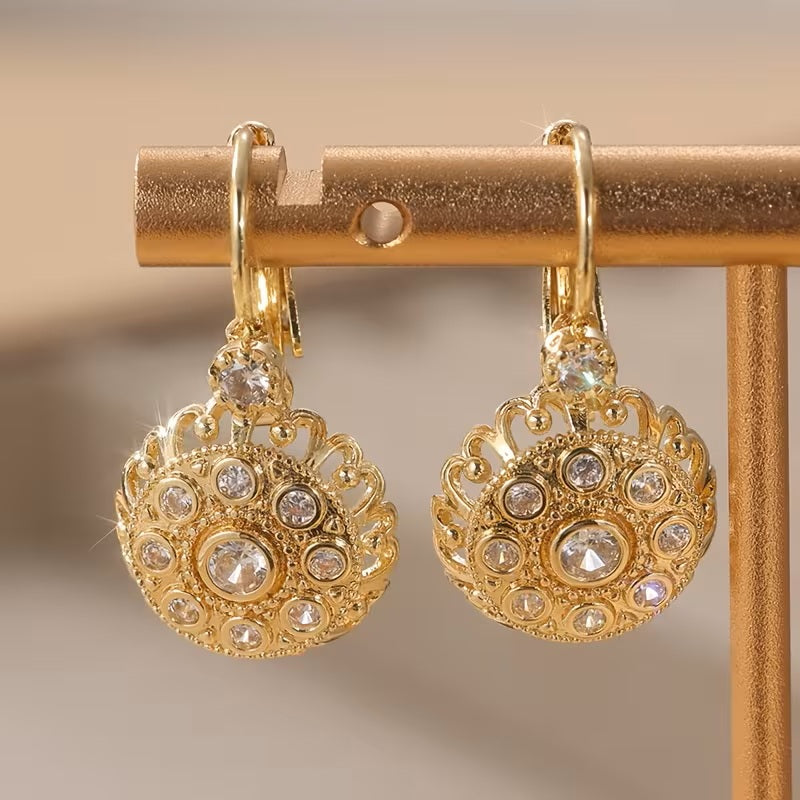 Ladies Gold Plated Round Floral Design White Synthetic Zirconia Hook Earrings.