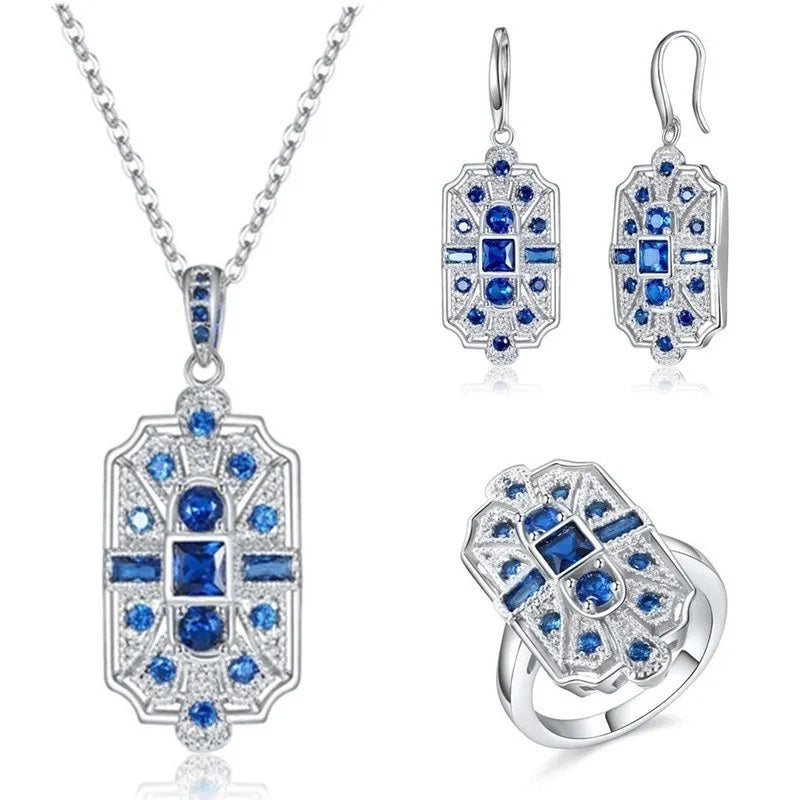 Ladies Silver White & Blue Crystals Stone Necklace Set