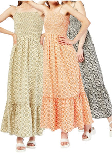 Multi Diamond Pattern Shirred Bodice Cotton Maxi Tie Strap Dress