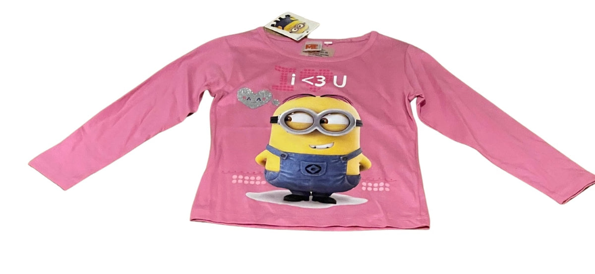 Girls Minion Despicable Me Pink Love Heart Cotton Long Sleeve Tunic Tops