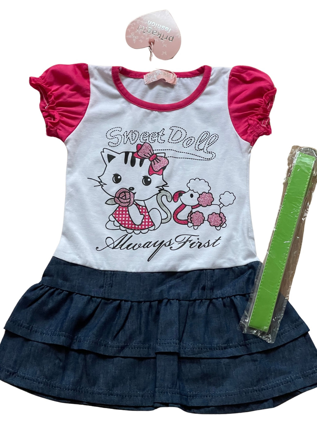 Girls Cerise & White Sweet Doll Print Plus Belt Dress