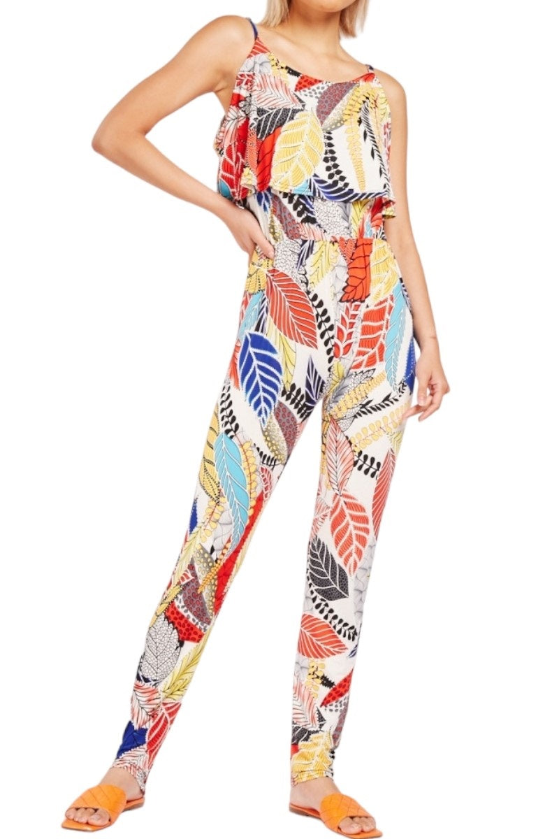 Ladies Multi Color Leaf Print Overlay Adjustable Strap Stretchy Jumpsuits