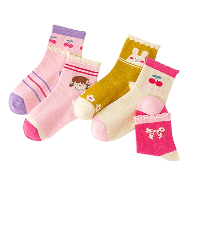 Girls Pink Multi Cherry Bunny Print No Seam Cuffs Pack of 5 Ankle Socks