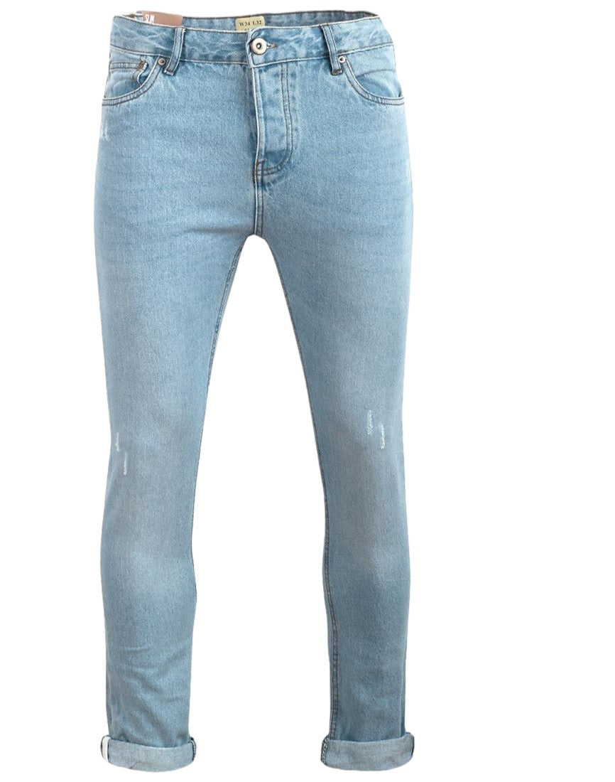 Mens Light Blue Wash Distressed Slim Fit Cotton Denim Jeans