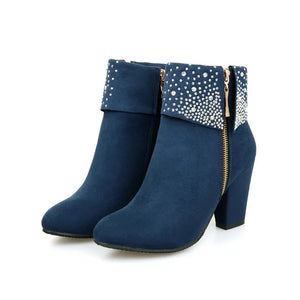 Ladies Blue Side Zip Crystals Block Chunky Heel Ankle Boots