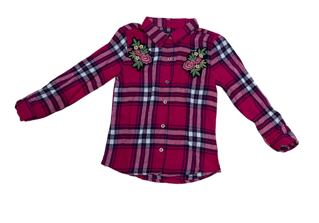 Girls Red Multi Check Soft Flannel Check Roll Up Sleeves