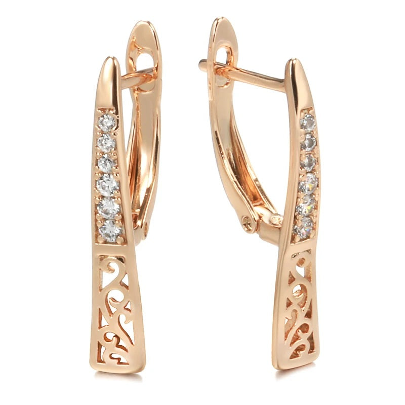 Ladies 585 Rose Gold Y Shape Cutout White Crystals Click Back Earrings