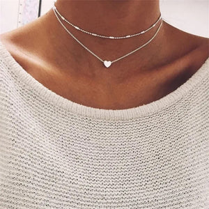 Ladies Gold Silver Round Bead Chain Heart Pendant Double Layer Necklaces