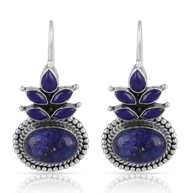 Ladies Sterling Silver Blue Ethnic Round Lapis Gemstone Vintage Dangle Earrings
