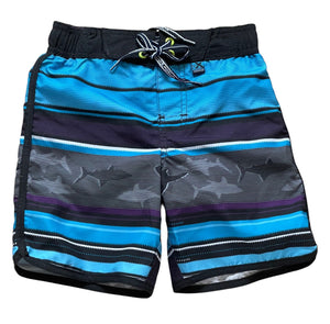 Boys Black Stripe Fish Print Surf Swim Trunks Swimming Shorts