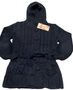 Girls Black Button Down Cable Knitted Hooded Cardigan