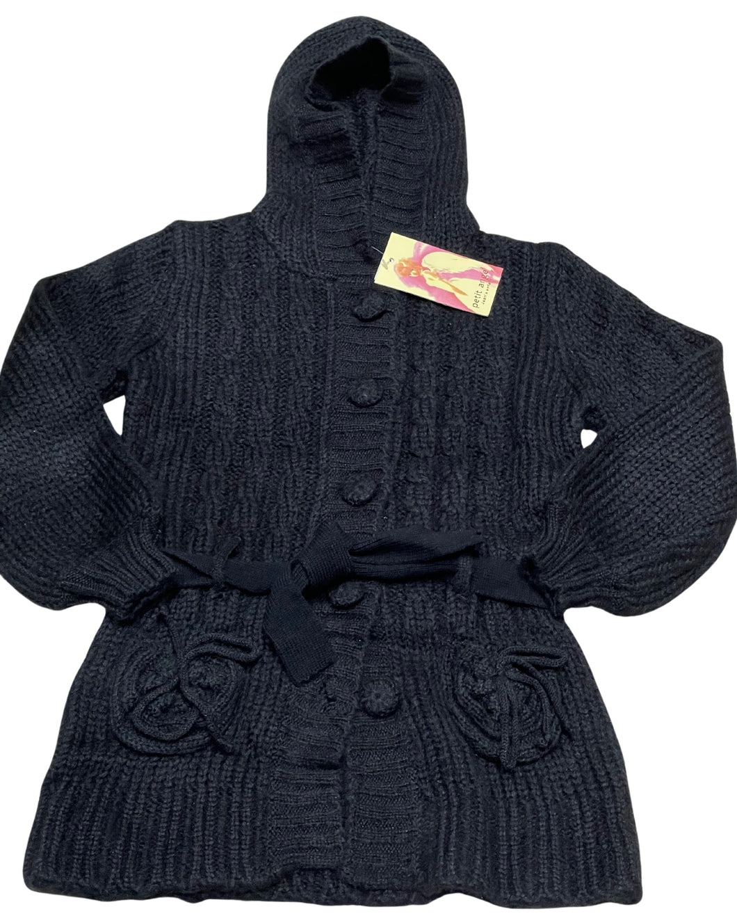 Girls Black Button Down Cable Knitted Hooded Cardigan