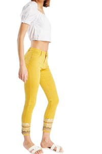 Ladies Mustard Faux Mirror Sequin Embroidery Hem Cropped Trousers