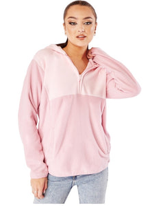 Ladies Pink Colour Block Fleece Hoodie Sweatshirt