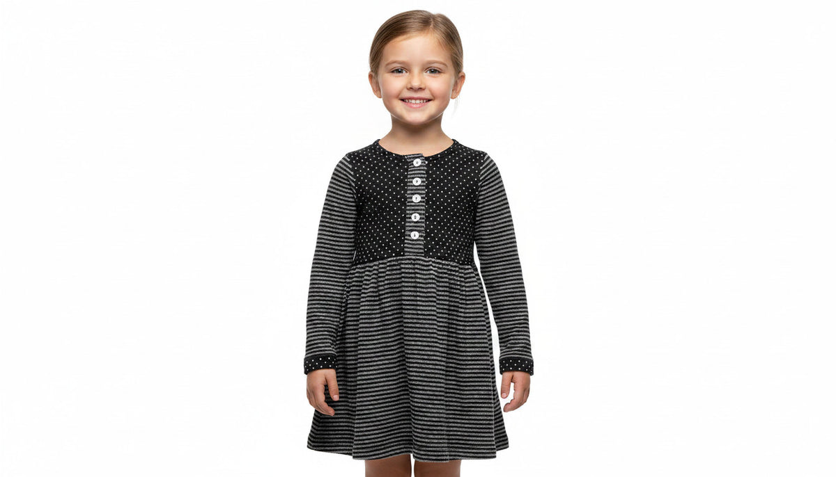 Girls Black & White Polka Dot & Stripe Crew Neck Button Skater Long Sleeve Dress