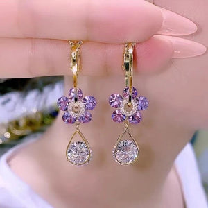 Ladies Purple Blue Crystal Flower Waterdrop Dangle Earrings