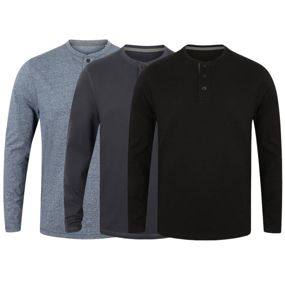 Mens Washed Long Sleeve Soft Touch 3 Button Cotton Jersey T-shirt