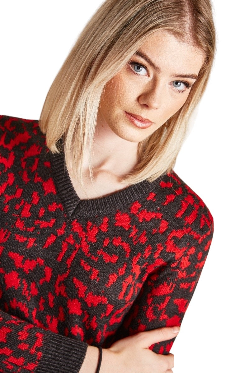 Ladies Black & Magenta Ribbed V-Neck Knitted Jumper