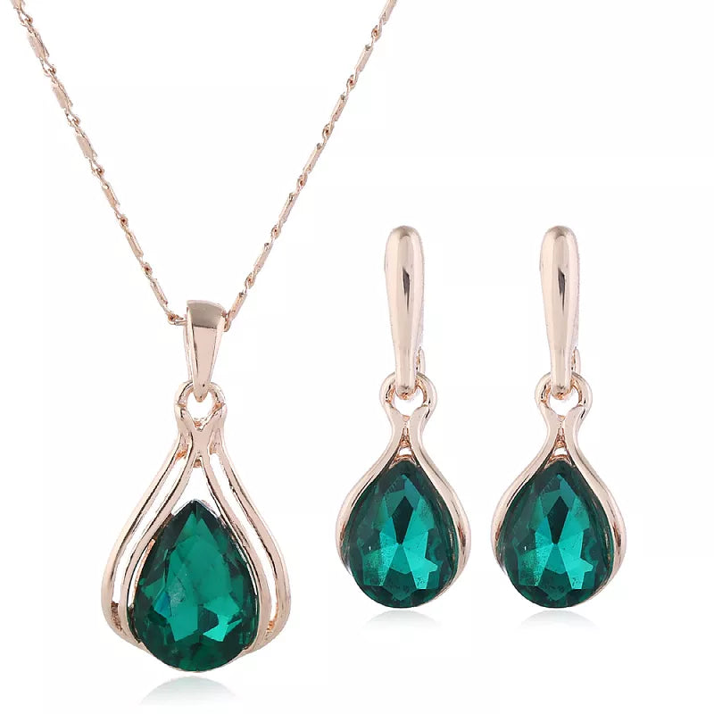 Ladies Gold Water Drop Green Rhinestone Earrings Pendant Chain Necklace Set