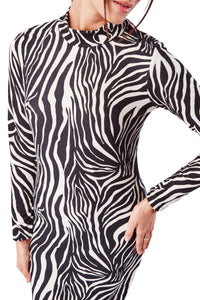 Ladies Black Cream Zebra Print High Neck Long Sleeve Dress