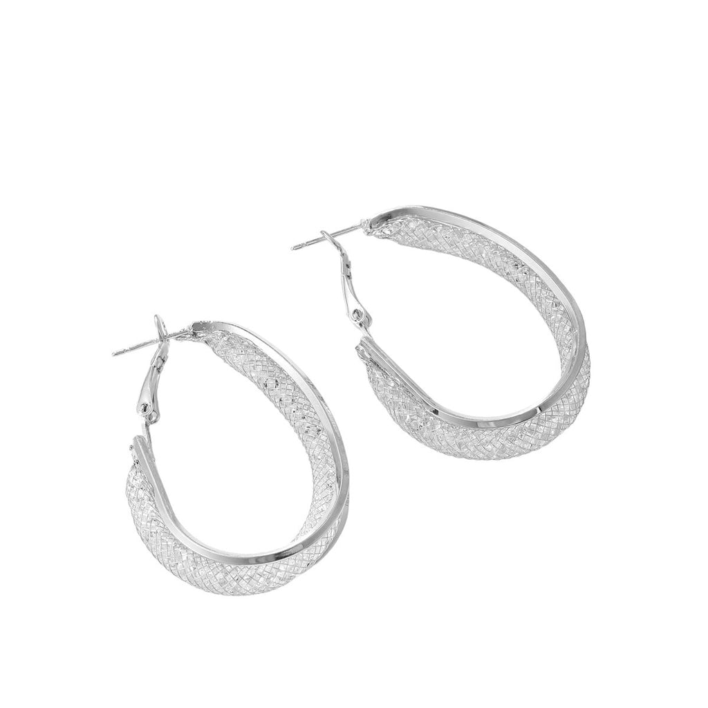 Ladies Silver Oval Chunky Mesh Layered Inner Crystals Hoop Earrings