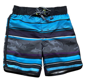 Boys Black Stripe Fish Print Surf Swim Trunks Swimming Shorts