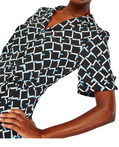 Ladies Black Multi Lapel Collared Print Belt Midi Dress