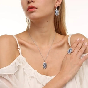 Ladies Silver White & Blue Crystals Stone Necklace Set