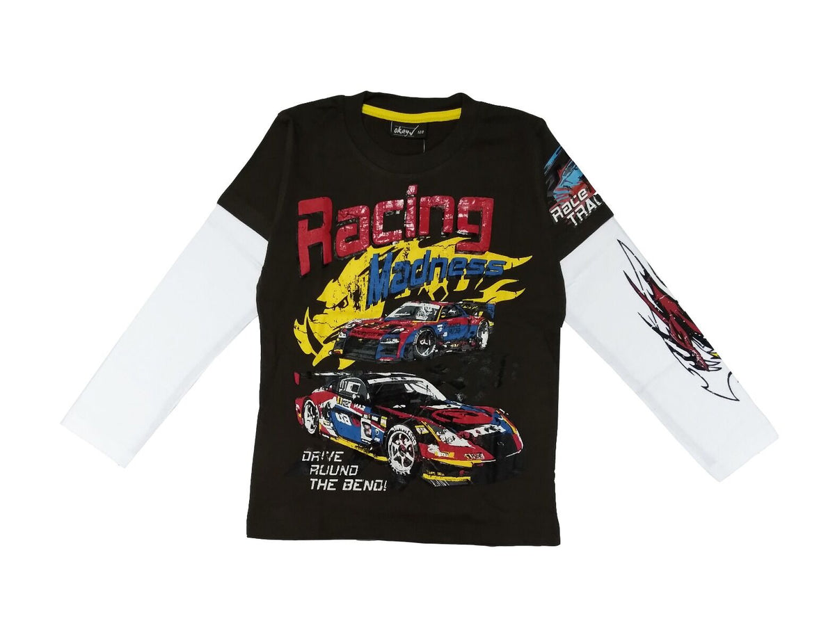 Boys Dark Olive Racing Print Layer Long Sleeve Cotton T-Shirt
