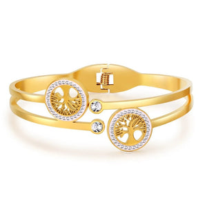 Ladies Gold Luxury Stainless Steel Tree of Life Cubic Zircon Lucky Cuff Bracelet
