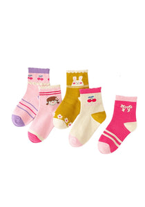 Girls Pink Multi Cherry Bunny Print No Seam Cuffs Pack of 5 Ankle Socks