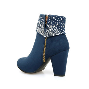 Ladies Blue Side Zip Crystals Block Chunky Heel Ankle Boots