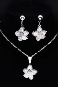 Ladies Silver Stainless Steel Flower Hollow Earrings Pendant Chain Necklace Sets