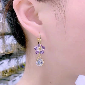 Ladies Purple Blue Crystal Flower Waterdrop Dangle Earrings
