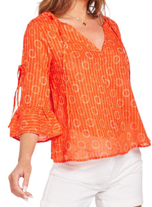 Ladies Orange Circular Print Open Tie Sleeve Cotton Tops