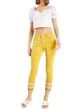 Load image into Gallery viewer, Ladies Mustard Faux Mirror Sequin Embroidery Hem Cropped Trousers
