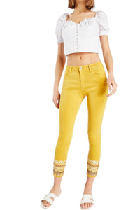 Ladies Mustard Faux Mirror Sequin Embroidery Hem Cropped Trousers