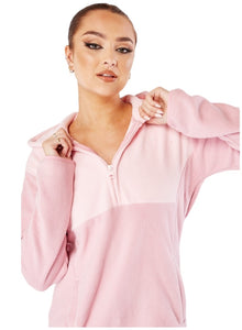 Ladies Pink Colour Block Fleece Hoodie Sweatshirt