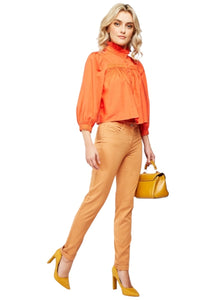 Ladies Camel High Waisted Rolled Ankle Cuff Cotton Rich Trousers