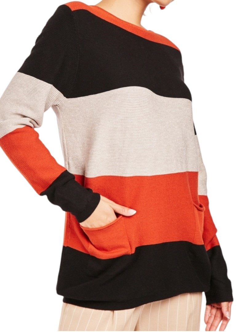 Ladies Beige Multi Large Stripe Lurex  Colour Block Jumper