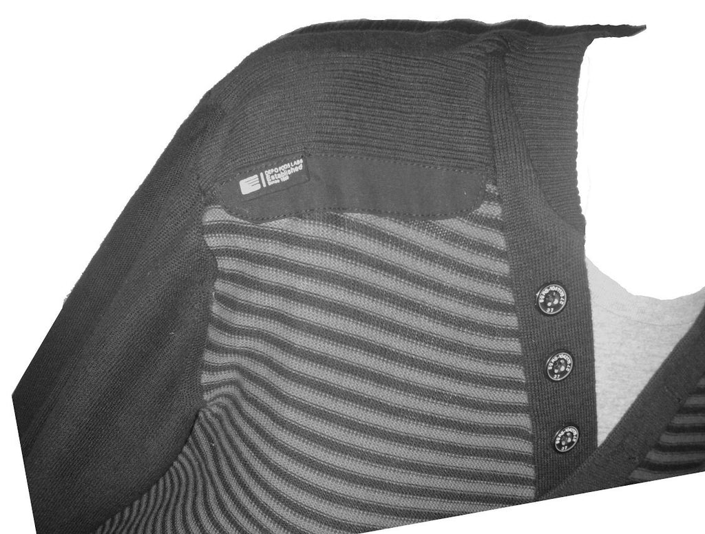 Mens Black & Grey Twin Effect Shoulder Patch V Neck Striped Knitted Jumper