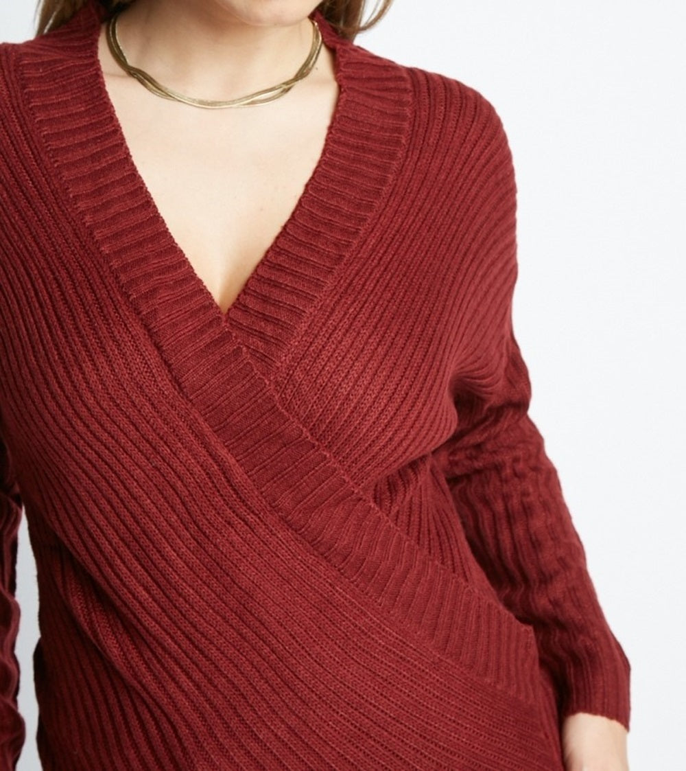 Ladies Maroon Wrap V-Neck Ribbed Long Sleeve Pullover Womens Sweater Jumper