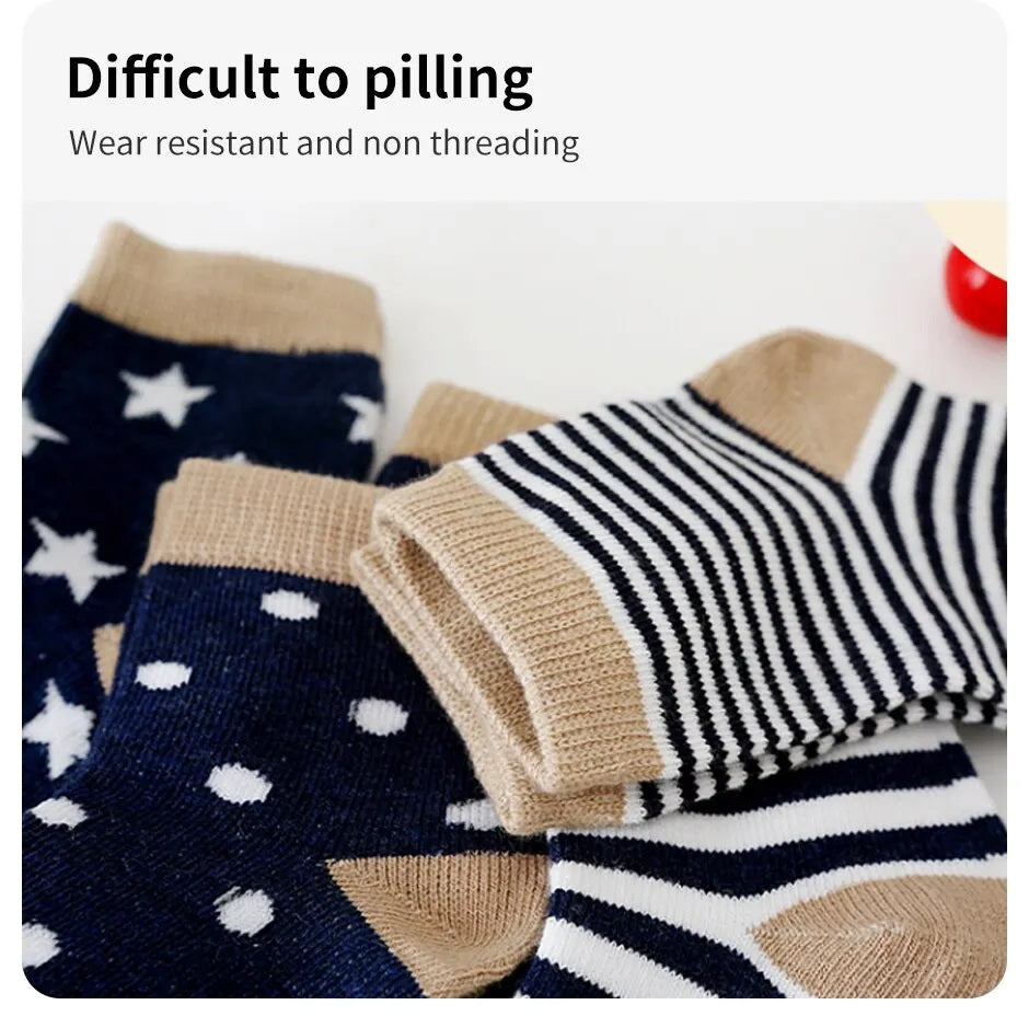 Boys Navy & Brown Kids Soft Stretchy Stripe Dot Star 5PK Socks