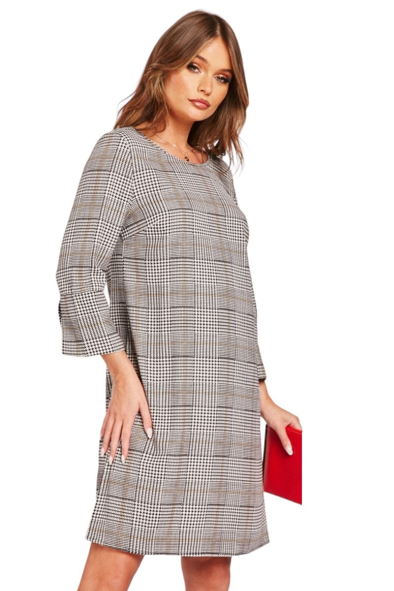 Ladies Ellos Black Multi Glencheck Print 3/4 Sleeves Shift Dress