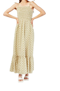 Multi Diamond Pattern Shirred Bodice Cotton Maxi Tie Strap Dress