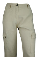 Load image into Gallery viewer, Ladies Beige Linen Cargo Carpri Crop Adjustable Waist Trousers
