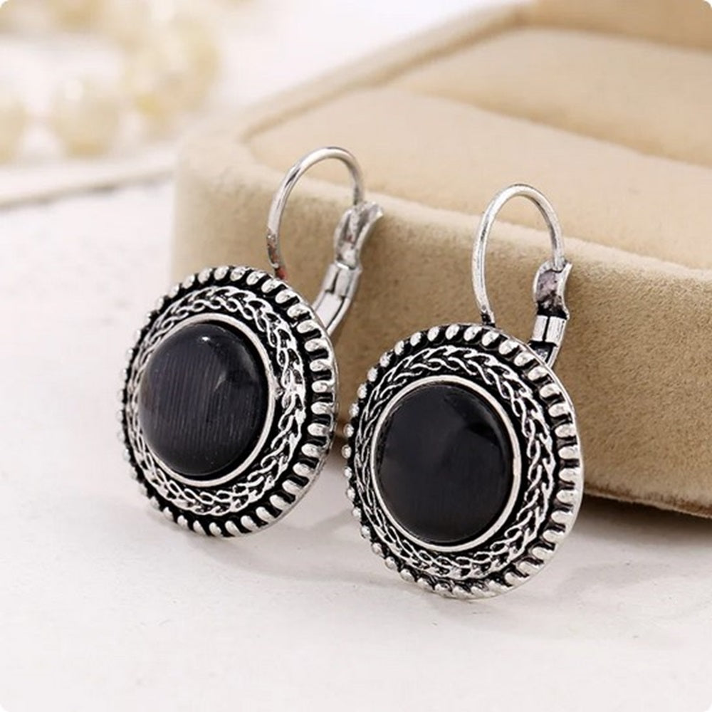 Ladies Tibetan Silver Plated Black Stone Bohemian Carved Vintage Hook Earrings