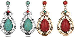 Ladies Ethnic Retro Tibetan Red Turquoise Water Drop Earrings