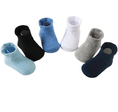 Baby Boys Toddlers Newborn Blue Multi Warm Anti-Slip Skid Low Cut 6 Pairs Socks